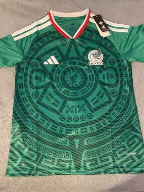 adidas Green Mexico Aztec Soccer Jersey with Red-Trim V-Neck